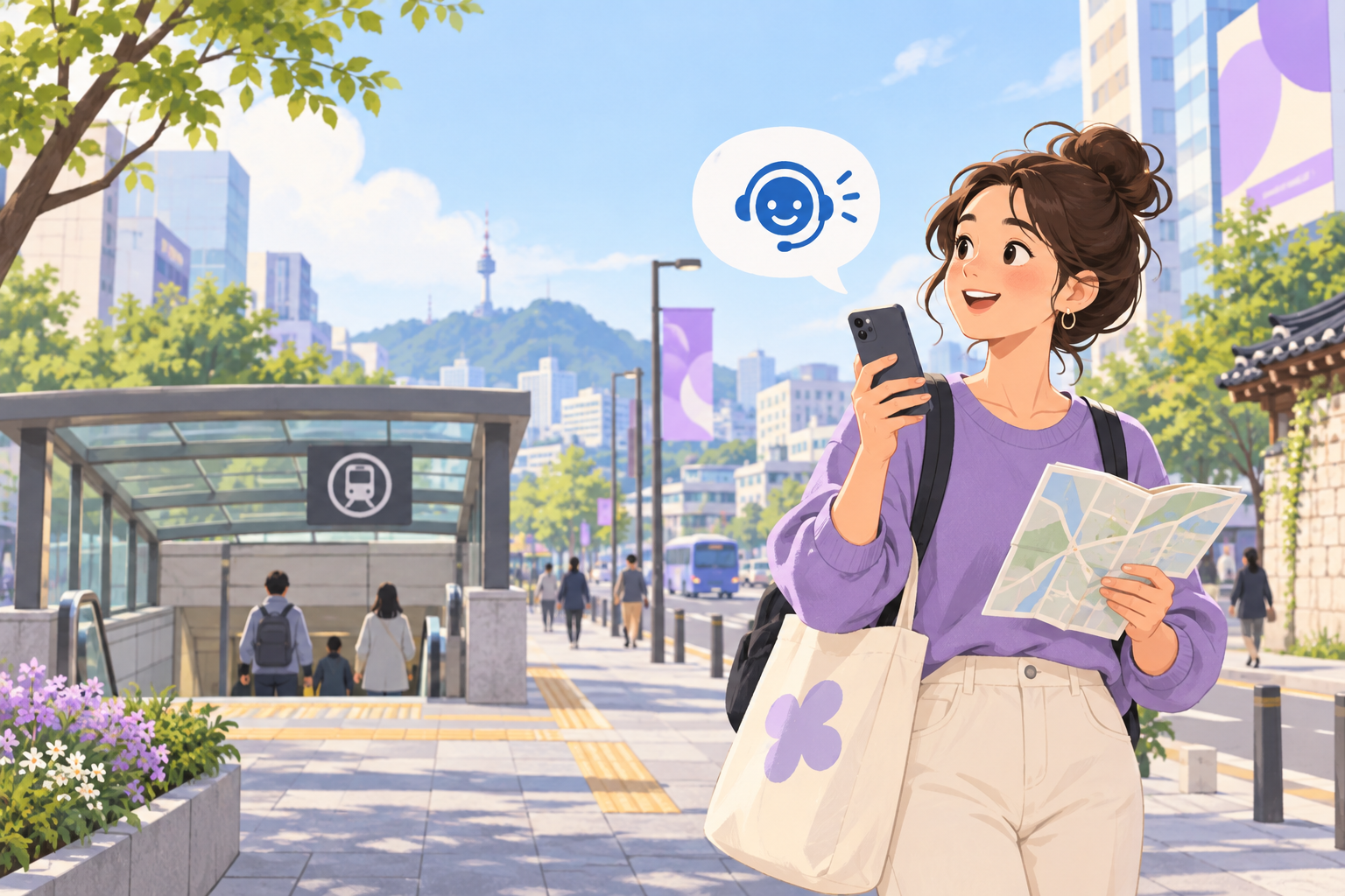 서울의 지하철 입구 근처에서 지도와 휴대전화를 들고 여행 안내 도움을 요청하는 여행자